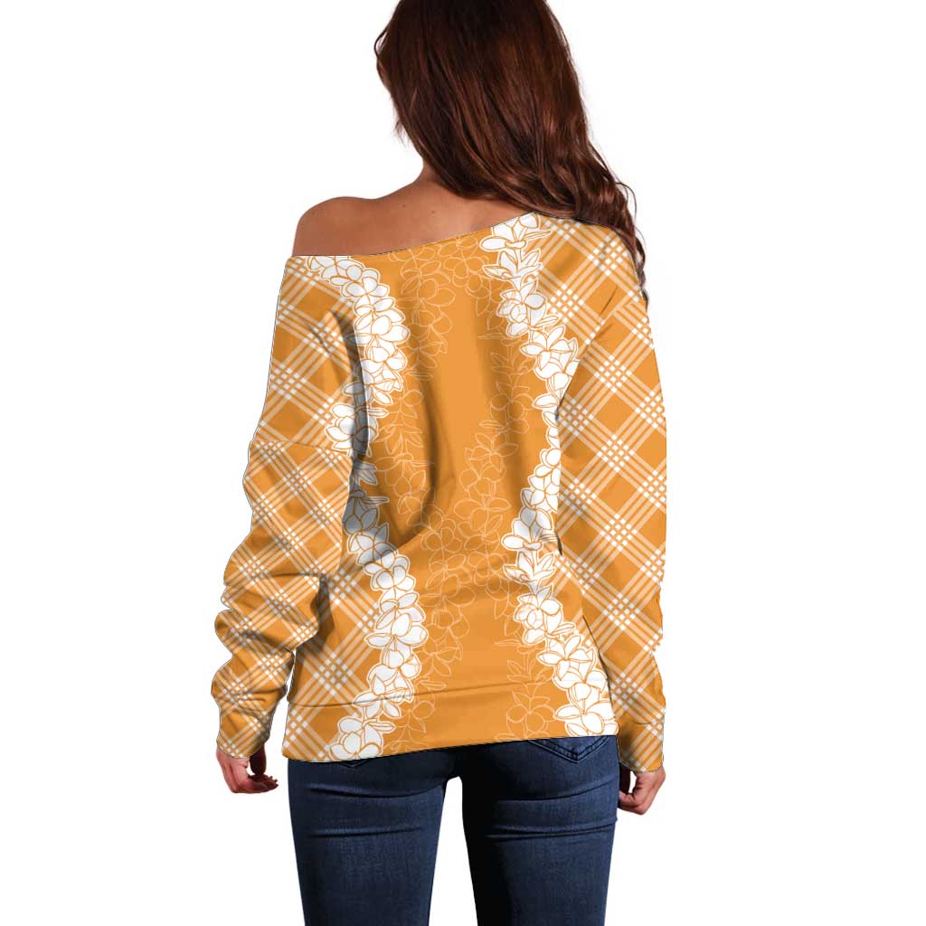 Hawaii Aloha Plumeria Lei Orange Palaka Off Shoulder Sweater - Polynesian Pride