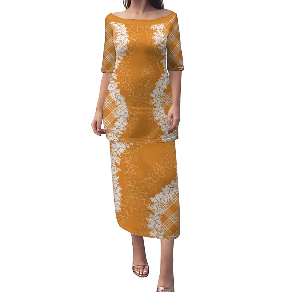 Hawaii Aloha Plumeria Lei Orange Palaka Puletasi LT7 Long Dress Orange - Polynesian Pride