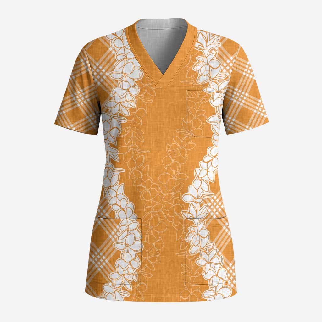 Hawaii Aloha Plumeria Lei Orange Palaka Scrub Top - Polynesian Pride