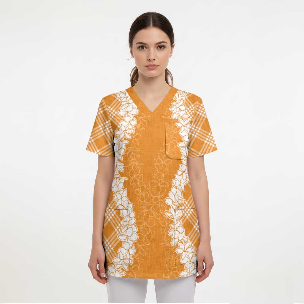Hawaii Aloha Plumeria Lei Orange Palaka Scrub Top - Polynesian Pride