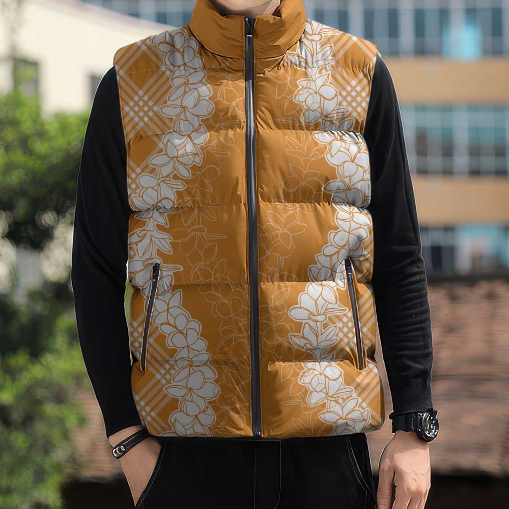 Hawaii Aloha Plumeria Lei Orange Palaka Sleeveless Puffer Jacket - Polynesian Pride