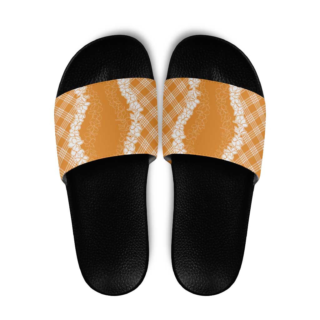 Hawaii Aloha Plumeria Lei Orange Palaka Slide Sandals - Polynesian Pride