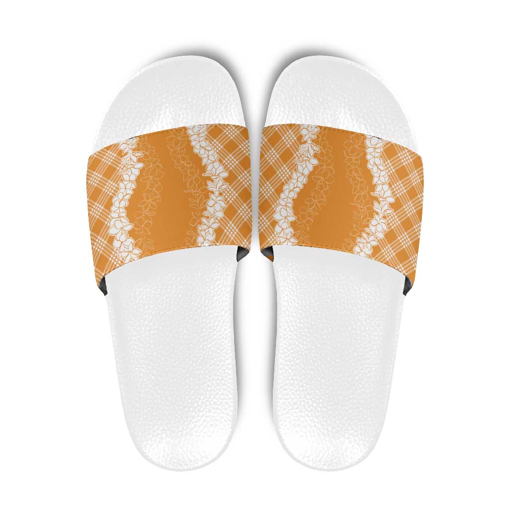 Hawaii Aloha Plumeria Lei Orange Palaka Slide Sandals - Polynesian Pride