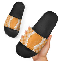 Hawaii Aloha Plumeria Lei Orange Palaka Slide Sandals - Polynesian Pride
