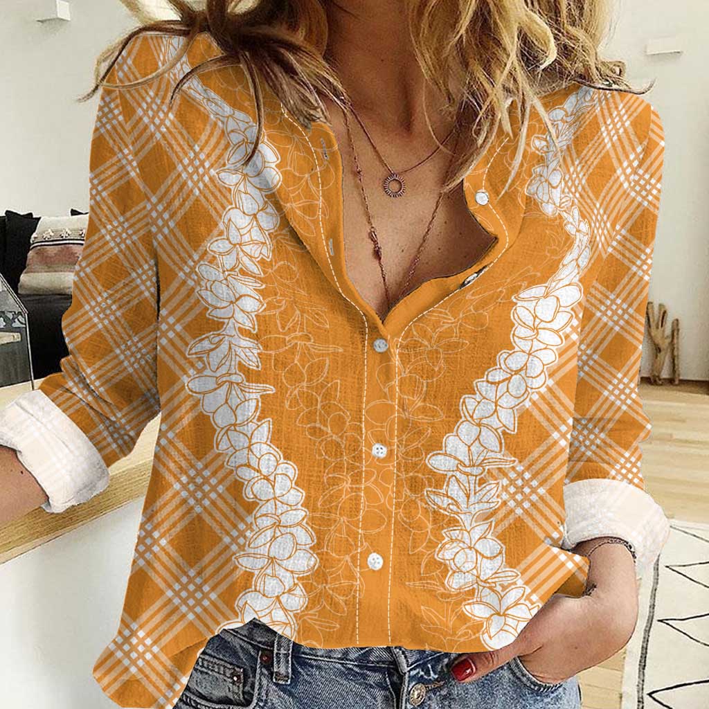 Hawaii Aloha Plumeria Lei Orange Palaka Women Casual Shirt - Polynesian Pride