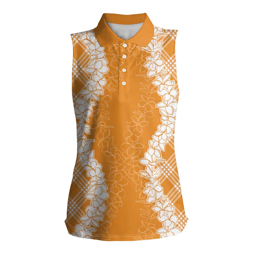 Hawaii Aloha Plumeria Lei Orange Palaka Women Sleeveless Polo Shirt - Polynesian Pride
