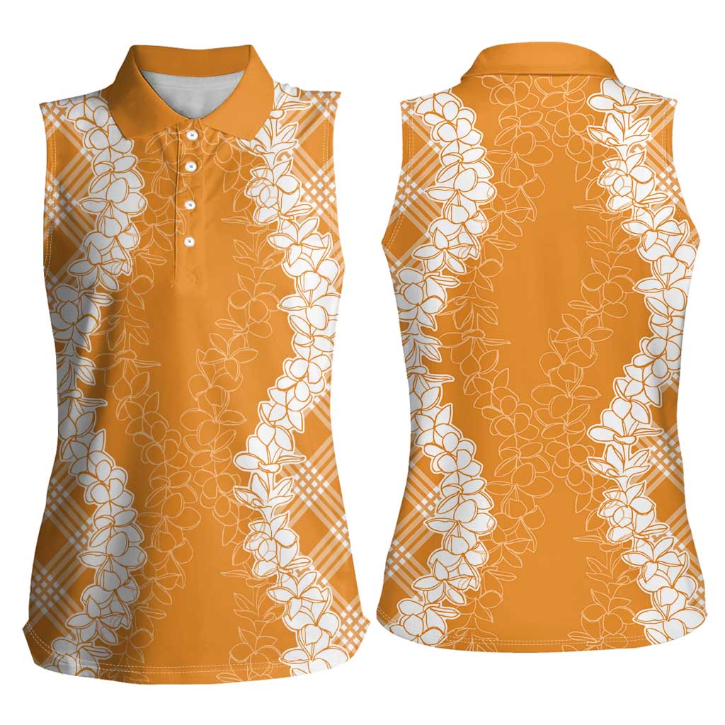 Hawaii Aloha Plumeria Lei Orange Palaka Women Sleeveless Polo Shirt - Polynesian Pride