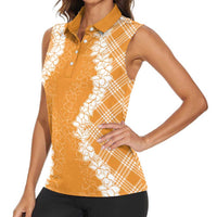 Hawaii Aloha Plumeria Lei Orange Palaka Women Sleeveless Polo Shirt - Polynesian Pride
