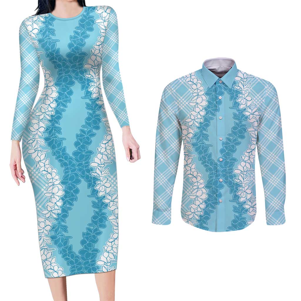 Hawaii Aloha Plumeria Lei Turquoise Palaka Couples Matching Long Sleeve Bodycon Dress and Long Sleeve Button Shirt - Polynesian Pride