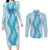Hawaii Aloha Plumeria Lei Turquoise Palaka Couples Matching Long Sleeve Bodycon Dress and Long Sleeve Button Shirt - Polynesian Pride