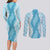 Hawaii Aloha Plumeria Lei Turquoise Palaka Couples Matching Long Sleeve Bodycon Dress and Long Sleeve Button Shirt - Polynesian Pride