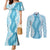 Hawaii Aloha Plumeria Lei Turquoise Palaka Couples Matching Mermaid Dress and Long Sleeve Button Shirt - Polynesian Pride