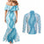 Hawaii Aloha Plumeria Lei Turquoise Palaka Couples Matching Mermaid Dress and Long Sleeve Button Shirt - Polynesian Pride