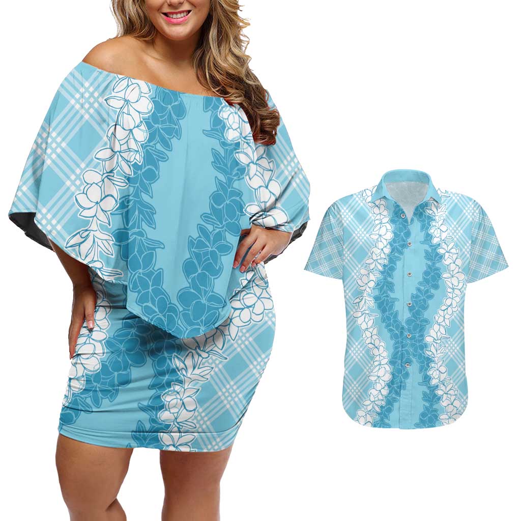 Hawaii Aloha Plumeria Lei Turquoise Palaka Couples Matching Off Shoulder Short Dress and Hawaiian Shirt - Polynesian Pride