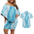 Hawaii Aloha Plumeria Lei Turquoise Palaka Couples Matching Off Shoulder Short Dress and Hawaiian Shirt - Polynesian Pride