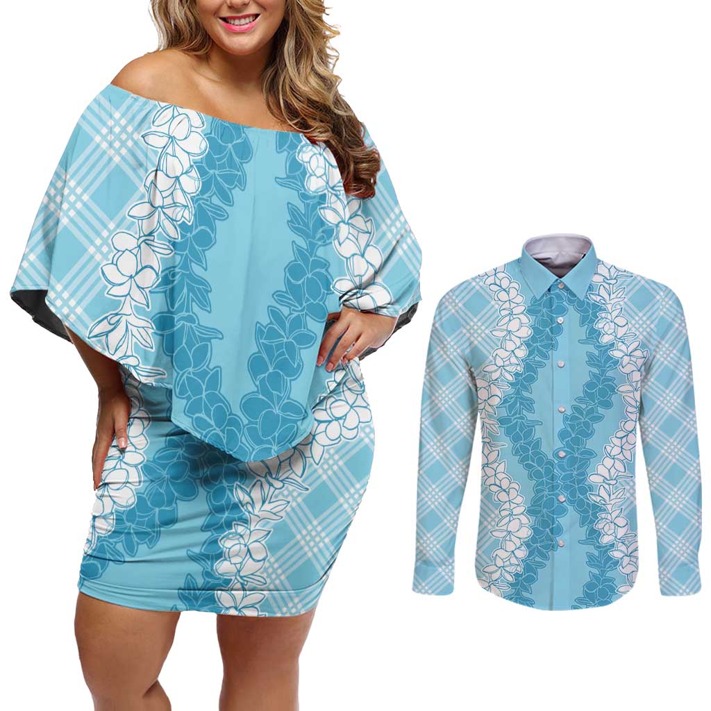Hawaii Aloha Plumeria Lei Turquoise Palaka Couples Matching Off Shoulder Short Dress and Long Sleeve Button Shirt - Polynesian Pride