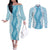 Hawaii Aloha Plumeria Lei Turquoise Palaka Couples Matching Off The Shoulder Long Sleeve Dress and Long Sleeve Button Shirt - Polynesian Pride