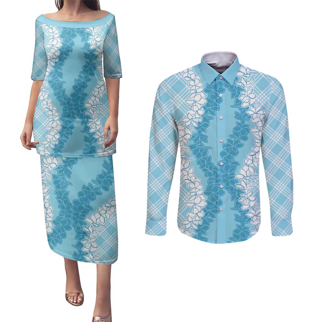 Hawaii Aloha Plumeria Lei Turquoise Palaka Couples Matching Puletasi and Long Sleeve Button Shirt - Polynesian Pride