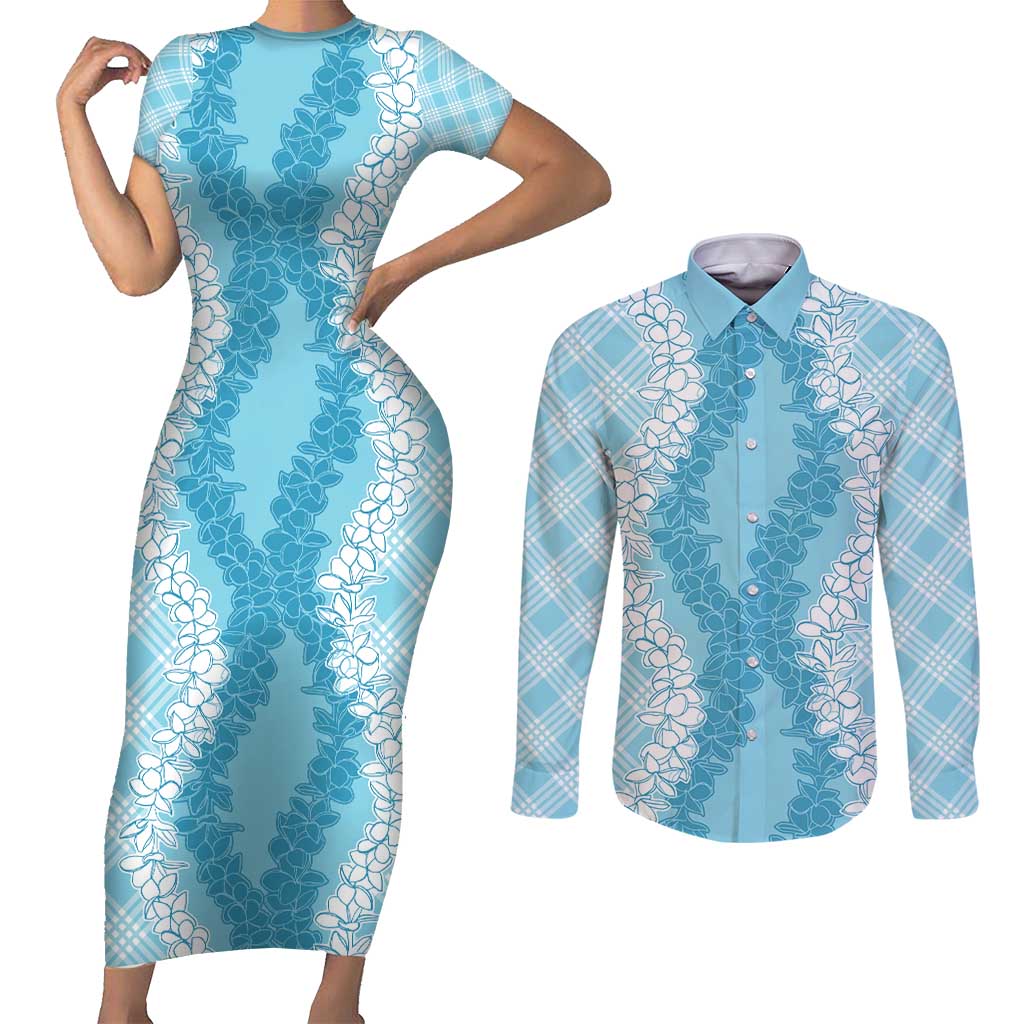 Hawaii Aloha Plumeria Lei Turquoise Palaka Couples Matching Short Sleeve Bodycon Dress and Long Sleeve Button Shirt - Polynesian Pride
