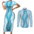 Hawaii Aloha Plumeria Lei Turquoise Palaka Couples Matching Short Sleeve Bodycon Dress and Long Sleeve Button Shirt - Polynesian Pride