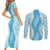 Hawaii Aloha Plumeria Lei Turquoise Palaka Couples Matching Short Sleeve Bodycon Dress and Long Sleeve Button Shirt - Polynesian Pride