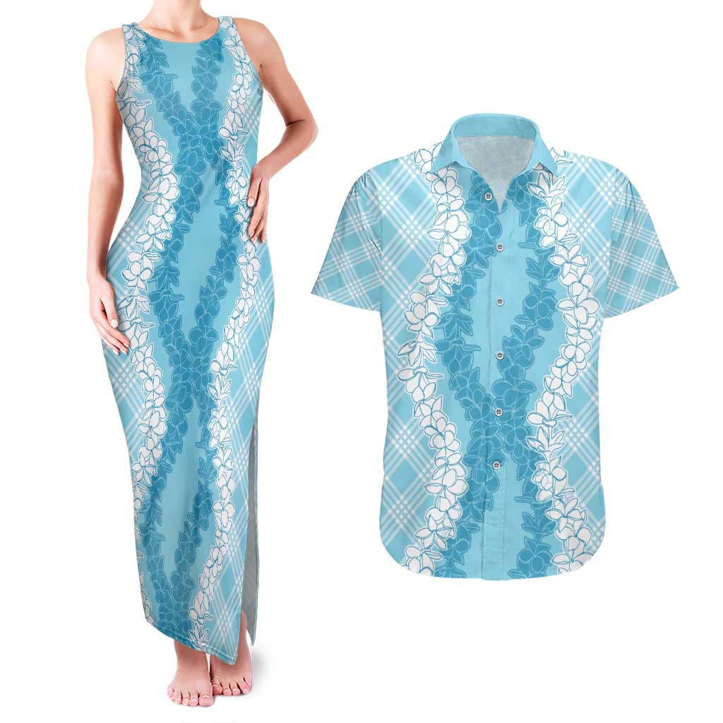 Hawaii Aloha Plumeria Lei Turquoise Palaka Couples Matching Tank Maxi Dress and Hawaiian Shirt - Polynesian Pride