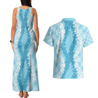 Hawaii Aloha Plumeria Lei Turquoise Palaka Couples Matching Tank Maxi Dress and Hawaiian Shirt - Polynesian Pride