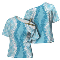 Hawaii Aloha Plumeria Lei Turquoise Palaka Cross Shoulder Shirt - Polynesian Pride