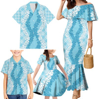 Hawaii Aloha Plumeria Lei Turquoise Palaka Family Matching Mermaid Dress and Hawaiian Shirt - Polynesian Pride