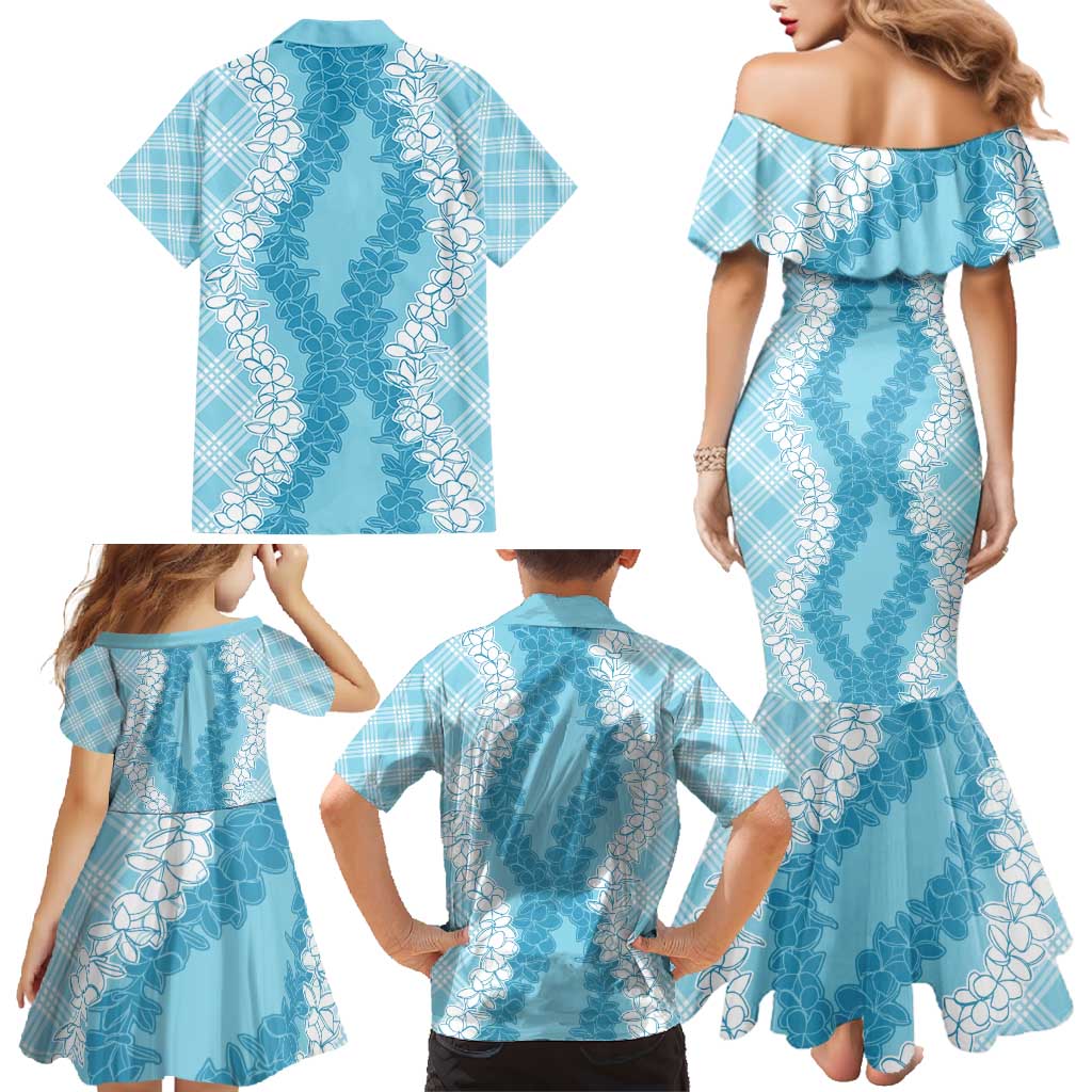 Hawaii Aloha Plumeria Lei Turquoise Palaka Family Matching Mermaid Dress and Hawaiian Shirt - Polynesian Pride
