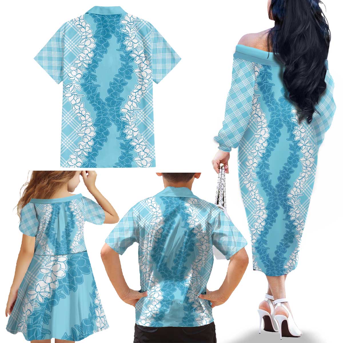 Hawaii Aloha Plumeria Lei Turquoise Palaka Family Matching Off The Shoulder Long Sleeve Dress and Hawaiian Shirt - Polynesian Pride