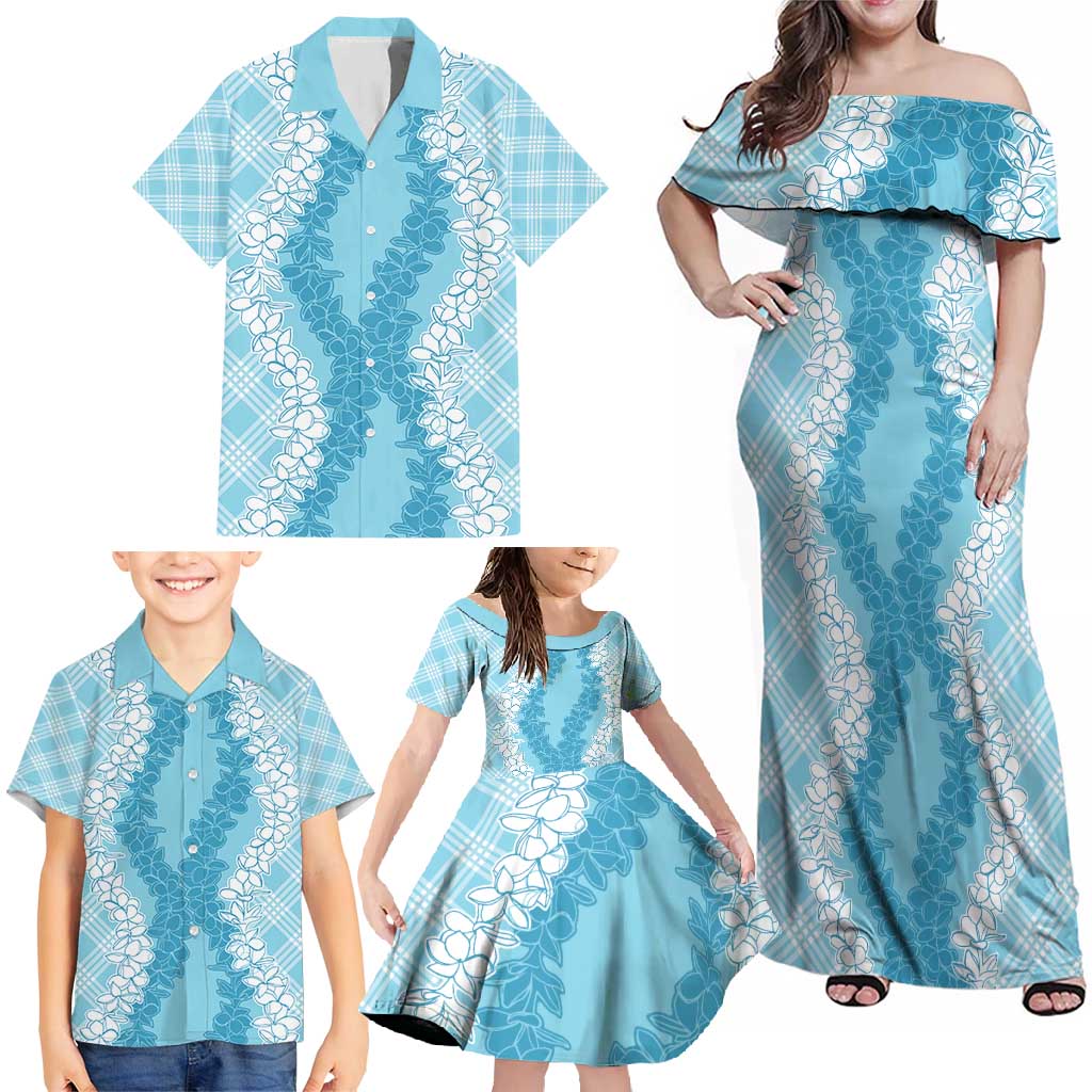Hawaii Aloha Plumeria Lei Turquoise Palaka Family Matching Off Shoulder Maxi Dress and Hawaiian Shirt - Polynesian Pride