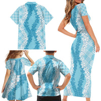 Hawaii Aloha Plumeria Lei Turquoise Palaka Family Matching Short Sleeve Bodycon Dress and Hawaiian Shirt - Polynesian Pride