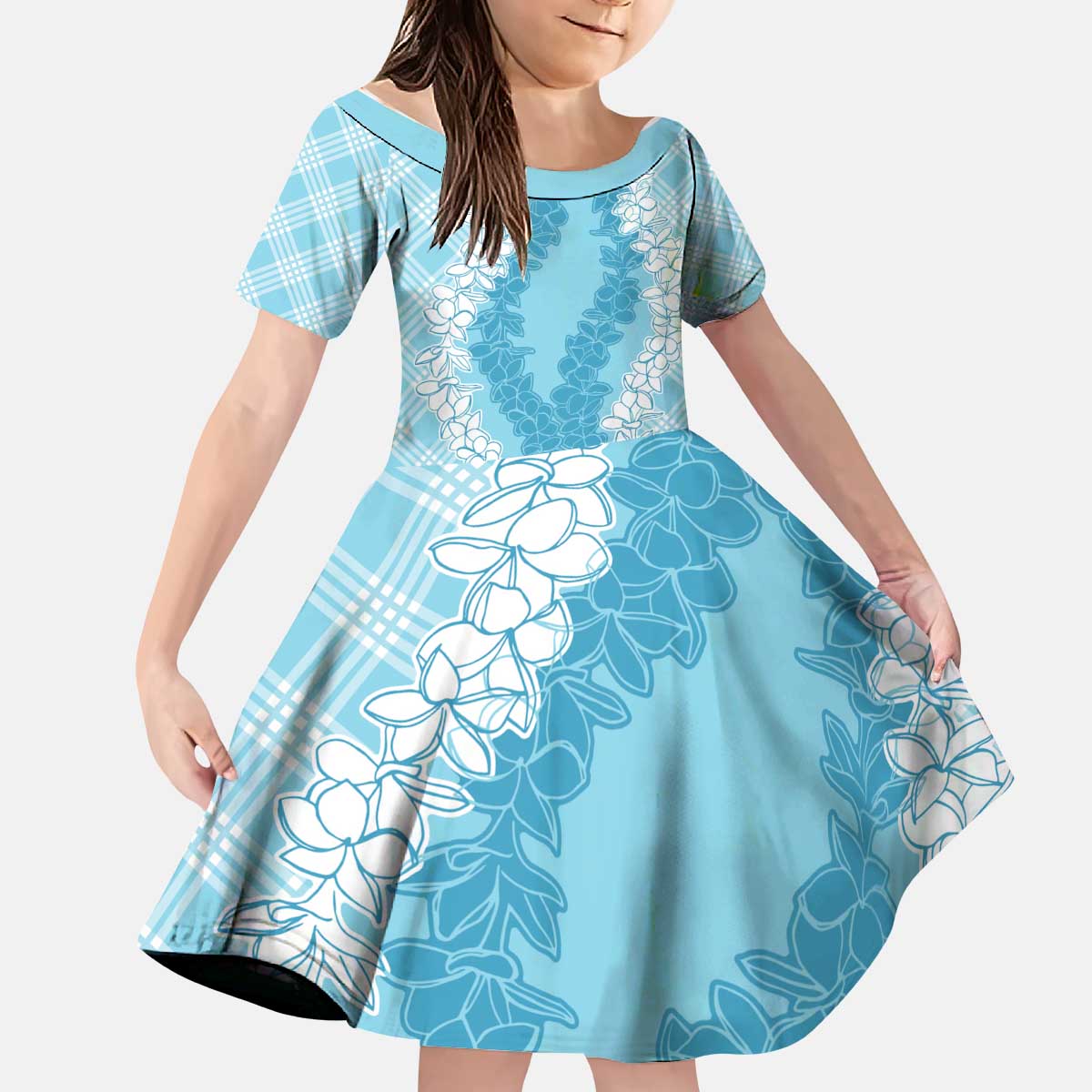 Hawaii Aloha Plumeria Lei Turquoise Palaka Kid Short Sleeve Dress - Polynesian Pride