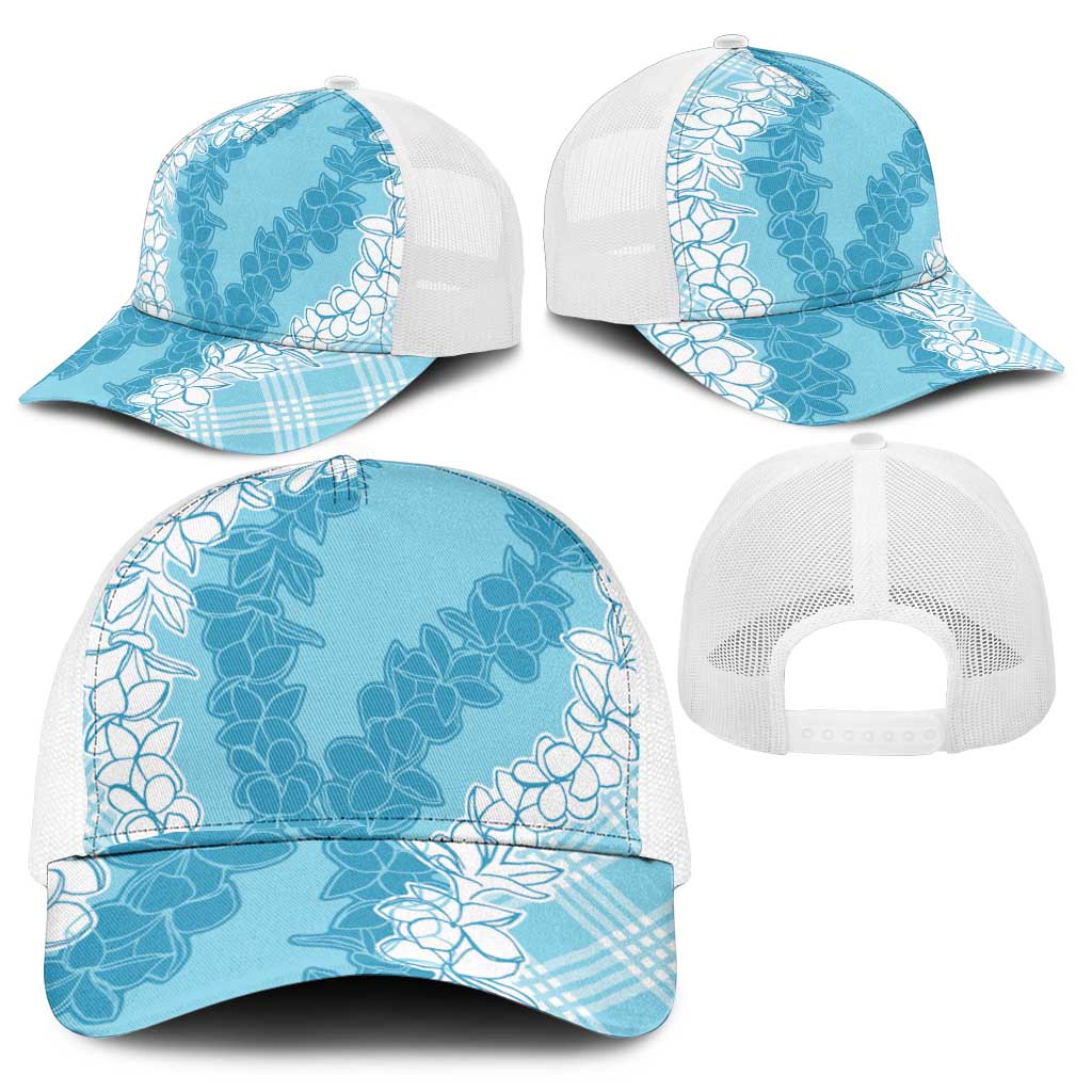 Hawaii Aloha Plumeria Lei Turquoise Palaka Mesh Trucker Cap - Polynesian Pride
