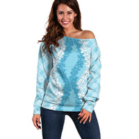 Hawaii Aloha Plumeria Lei Turquoise Palaka Off Shoulder Sweater - Polynesian Pride