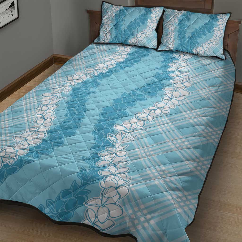 Hawaii Aloha Plumeria Lei Turquoise Palaka Quilt Bed Set - Polynesian Pride