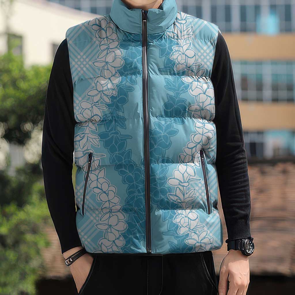 Hawaii Aloha Plumeria Lei Turquoise Palaka Sleeveless Puffer Jacket - Polynesian Pride