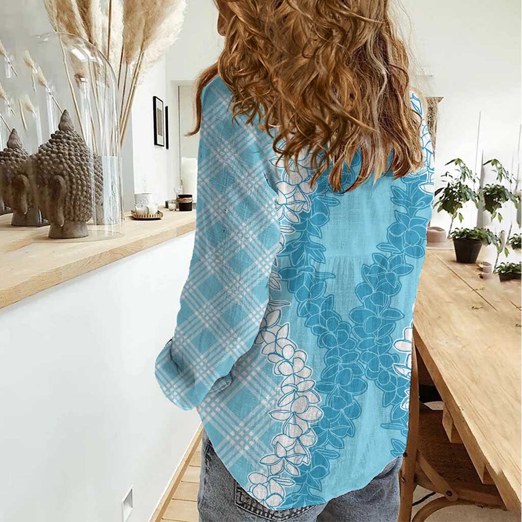 Hawaii Aloha Plumeria Lei Turquoise Palaka Women Casual Shirt - Polynesian Pride
