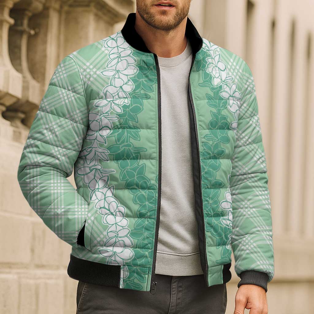 Hawaii Aloha Plumeria Lei Mint Palaka Bomber Puffer Jacket - Polynesian Pride