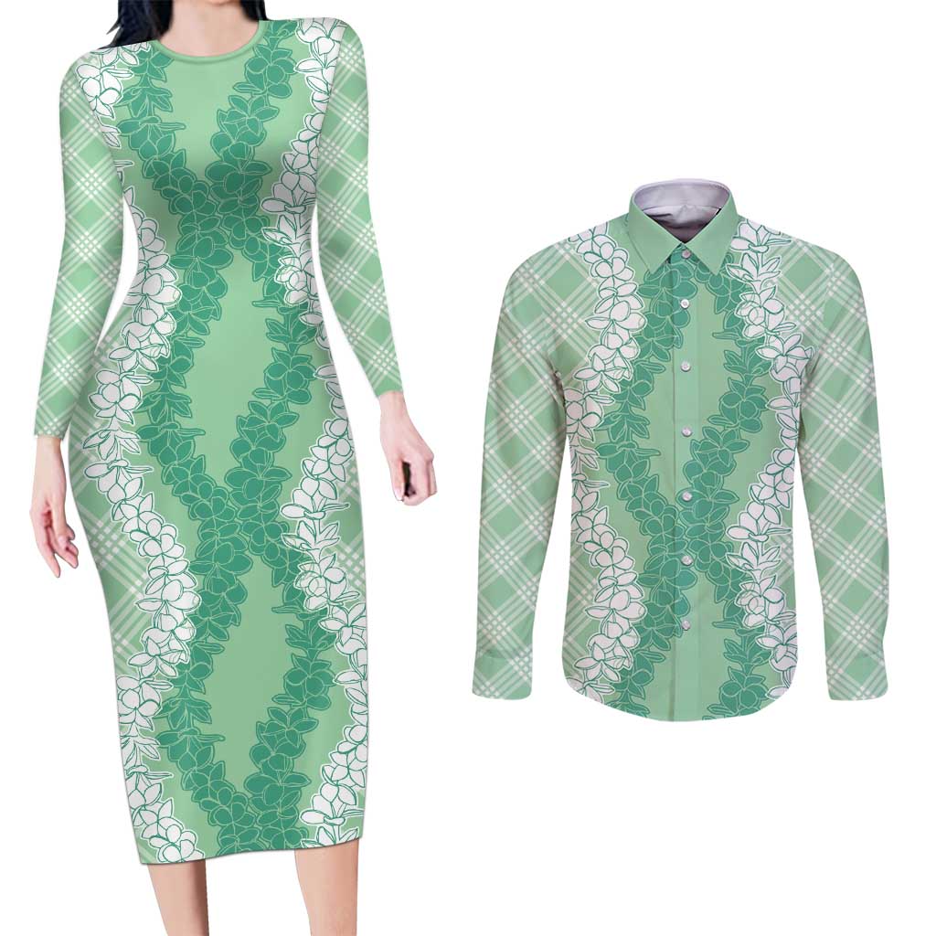 Hawaii Aloha Plumeria Lei Mint Palaka Couples Matching Long Sleeve Bodycon Dress and Long Sleeve Button Shirt - Polynesian Pride