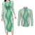 Hawaii Aloha Plumeria Lei Mint Palaka Couples Matching Long Sleeve Bodycon Dress and Long Sleeve Button Shirt - Polynesian Pride