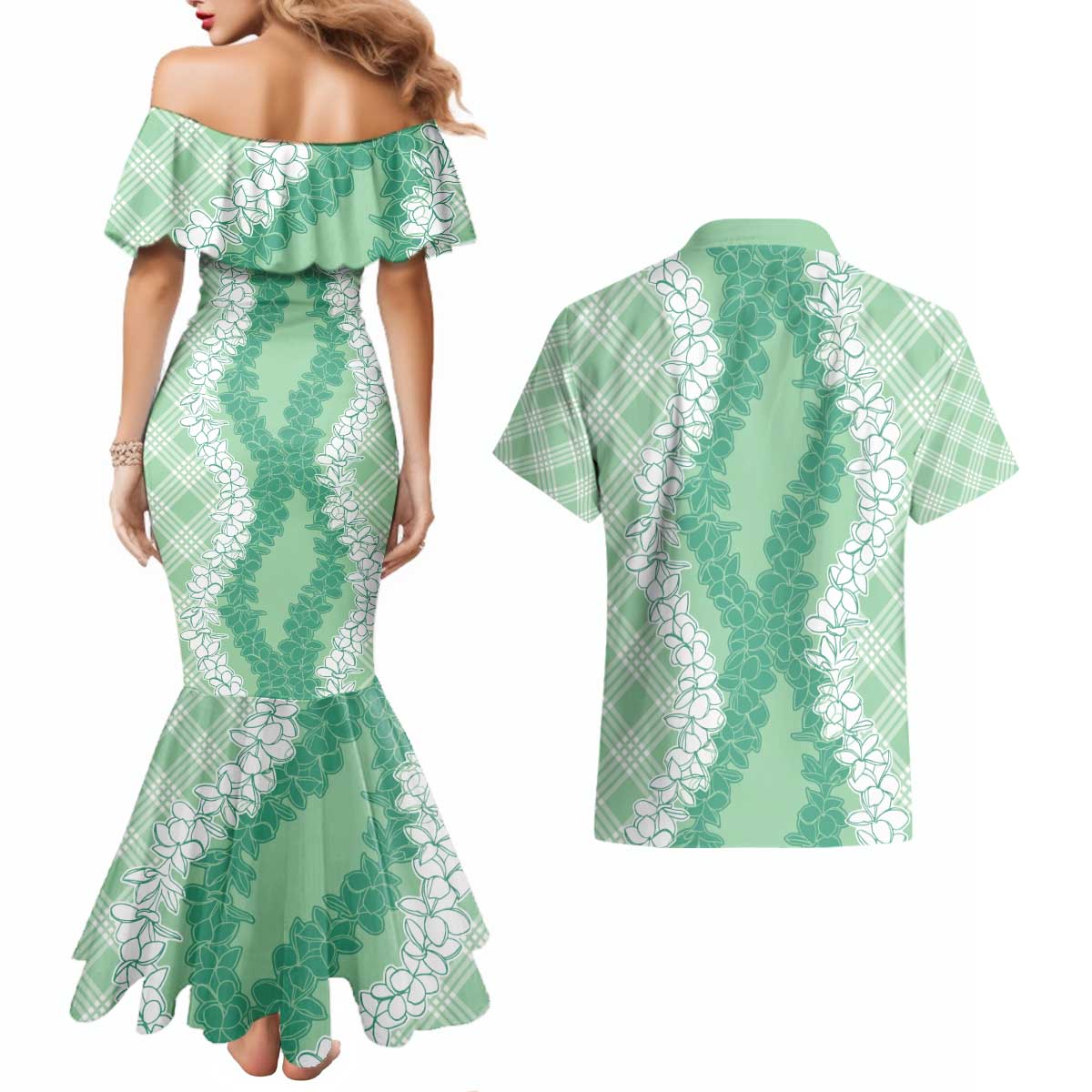 Hawaii Aloha Plumeria Lei Mint Palaka Couples Matching Mermaid Dress and Hawaiian Shirt - Polynesian Pride