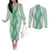 Hawaii Aloha Plumeria Lei Mint Palaka Couples Matching Off The Shoulder Long Sleeve Dress and Long Sleeve Button Shirt - Polynesian Pride