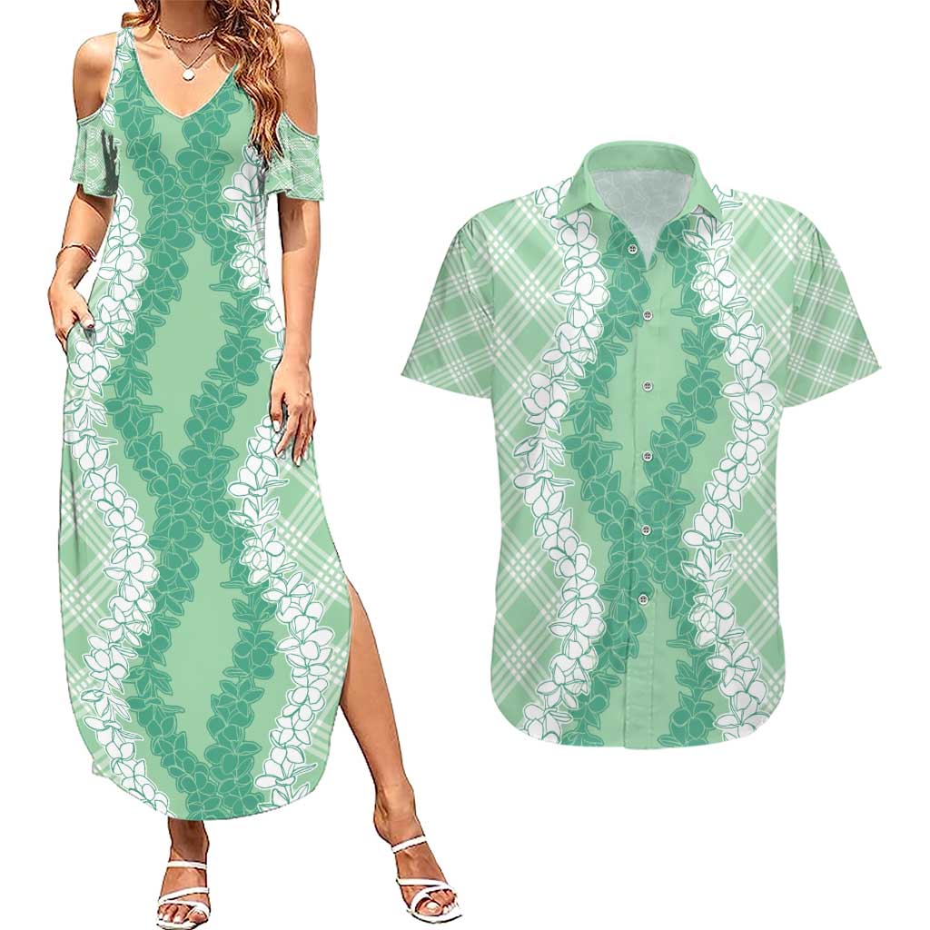Hawaii Aloha Plumeria Lei Mint Palaka Couples Matching Summer Maxi Dress and Hawaiian Shirt - Polynesian Pride