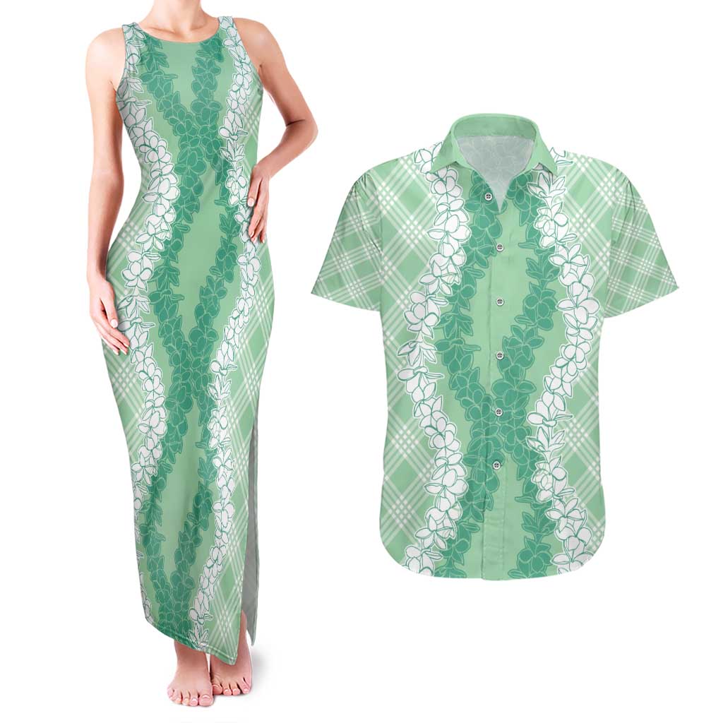 Hawaii Aloha Plumeria Lei Mint Palaka Couples Matching Tank Maxi Dress and Hawaiian Shirt - Polynesian Pride