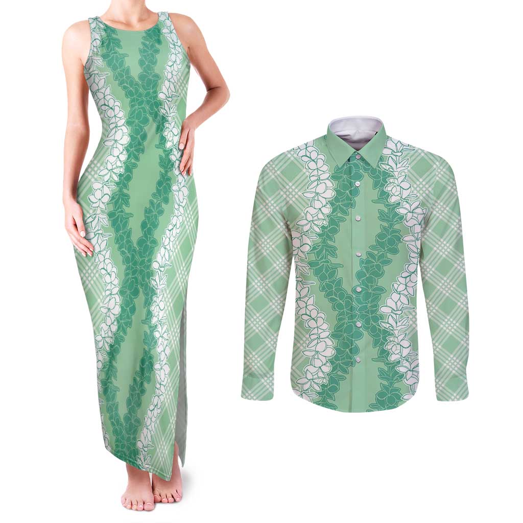 Hawaii Aloha Plumeria Lei Mint Palaka Couples Matching Tank Maxi Dress and Long Sleeve Button Shirt - Polynesian Pride