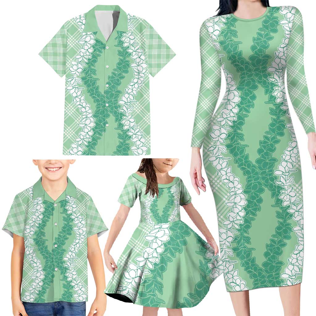 Hawaii Aloha Plumeria Lei Mint Palaka Family Matching Long Sleeve Bodycon Dress and Hawaiian Shirt - Polynesian Pride