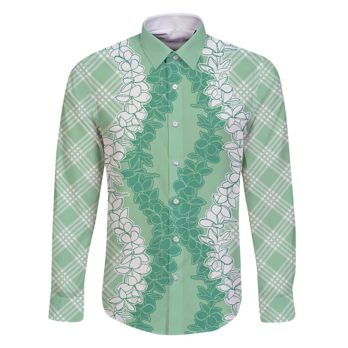 Hawaii Aloha Plumeria Lei Mint Palaka Family Matching Off The Shoulder Long Sleeve Dress and Hawaiian Shirt - Polynesian Pride