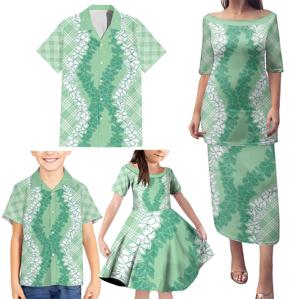 Hawaii Aloha Plumeria Lei Mint Palaka Family Matching Puletasi and Hawaiian Shirt - Polynesian Pride